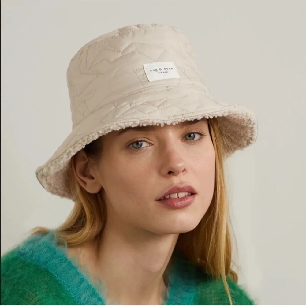 Rag & Bone Reversible Beige Sherpa and Quilted Nylon Addison Bucket Hat